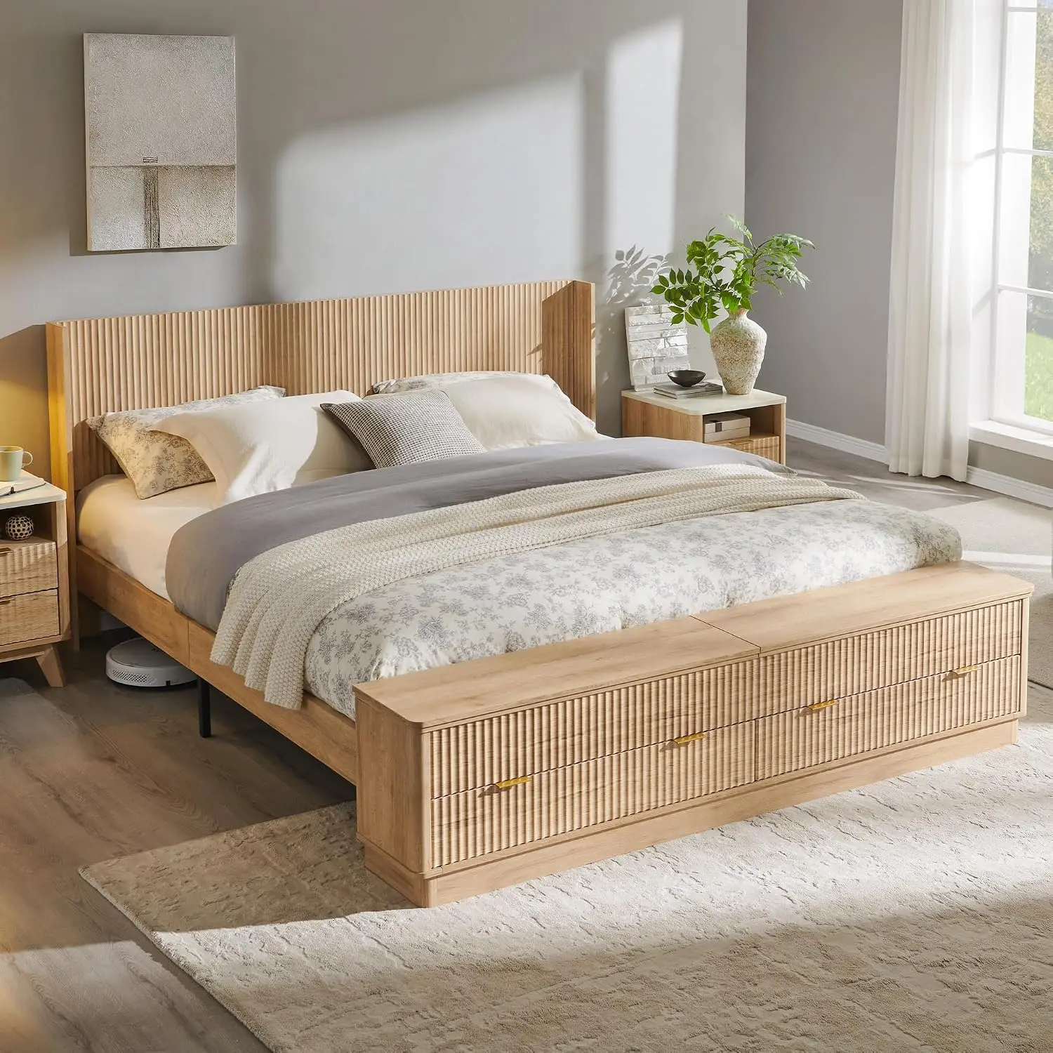 Fluted King Size Bed Frame wit - King Size Bed Frame With Storage Drawers 评论和价格