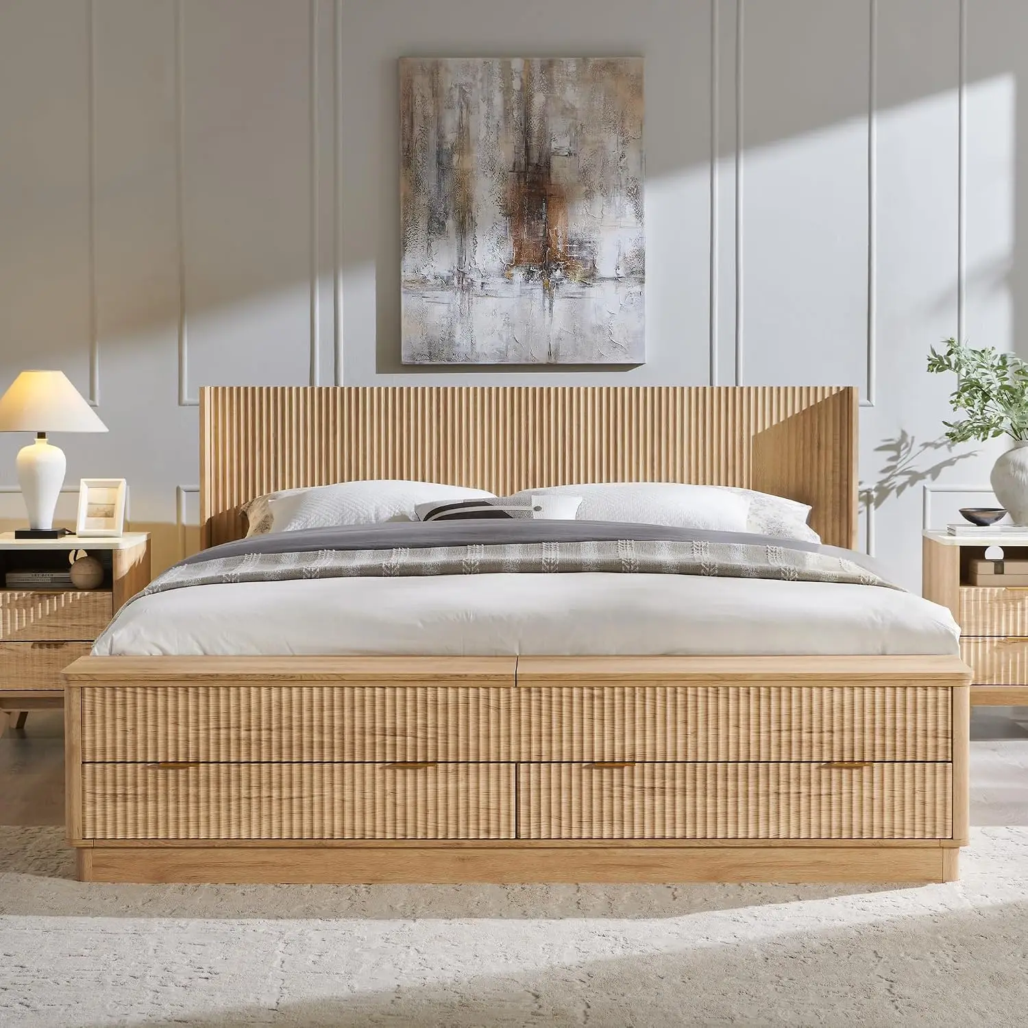 Fluted King Size Bed Frame wit - King Size Bed Frame With Storage Drawers 评论和价格