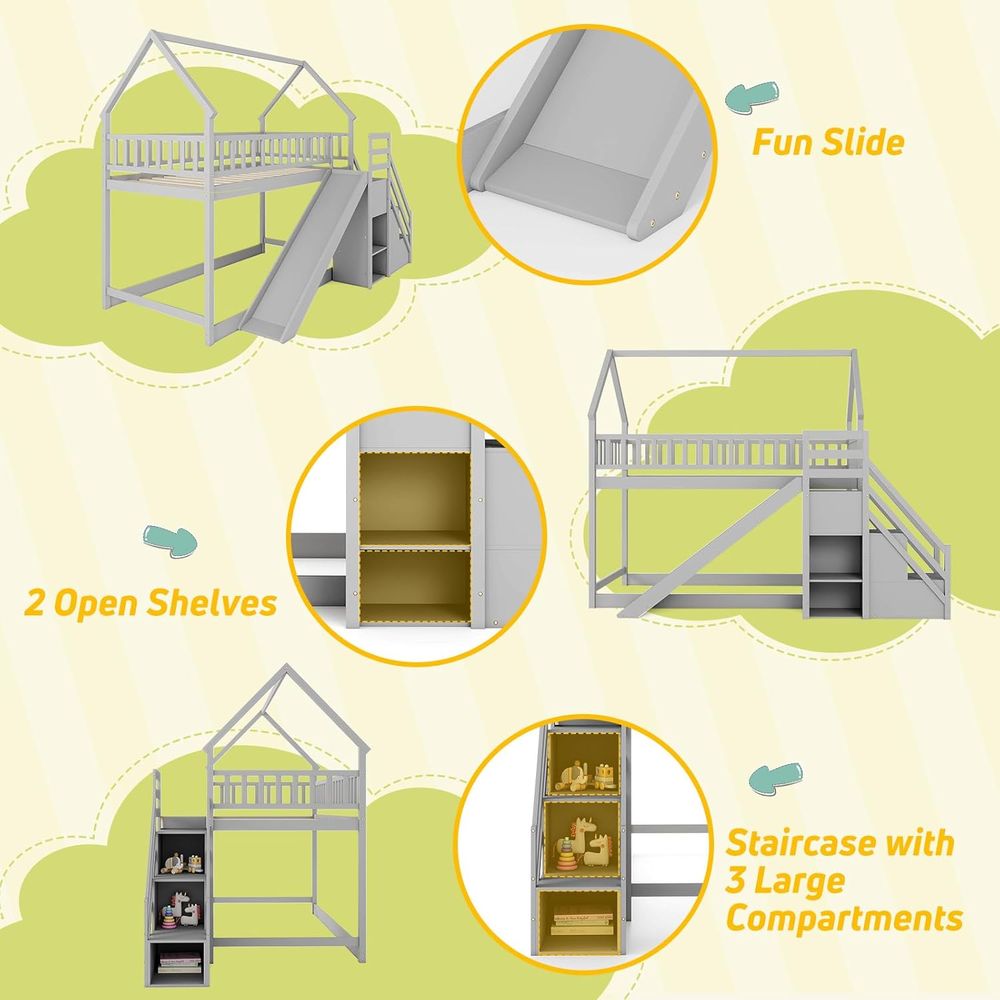 Twin Over Twin Bunk Bed with S - Bunk Bed With Stairs And Slide 评论和价格