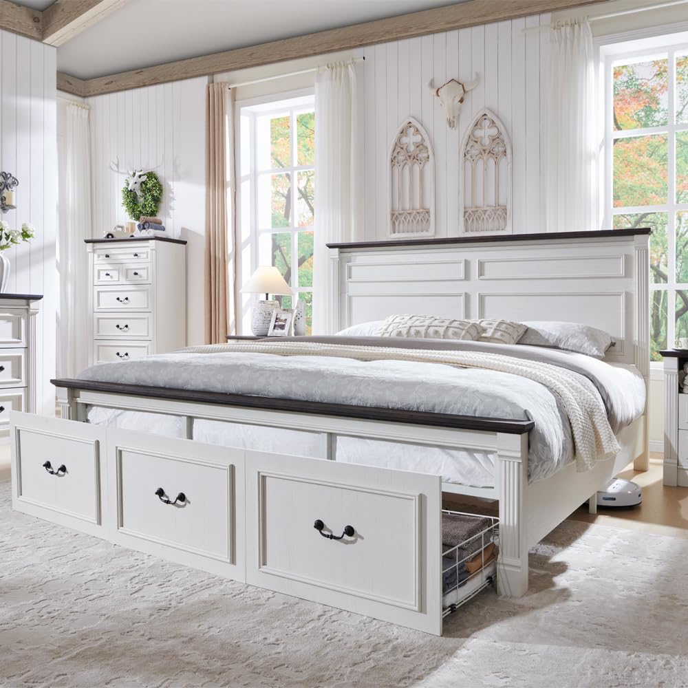Farmhouse King Size Bed Frame  - King Size Bed Frame With Storage Drawers 评论和价格