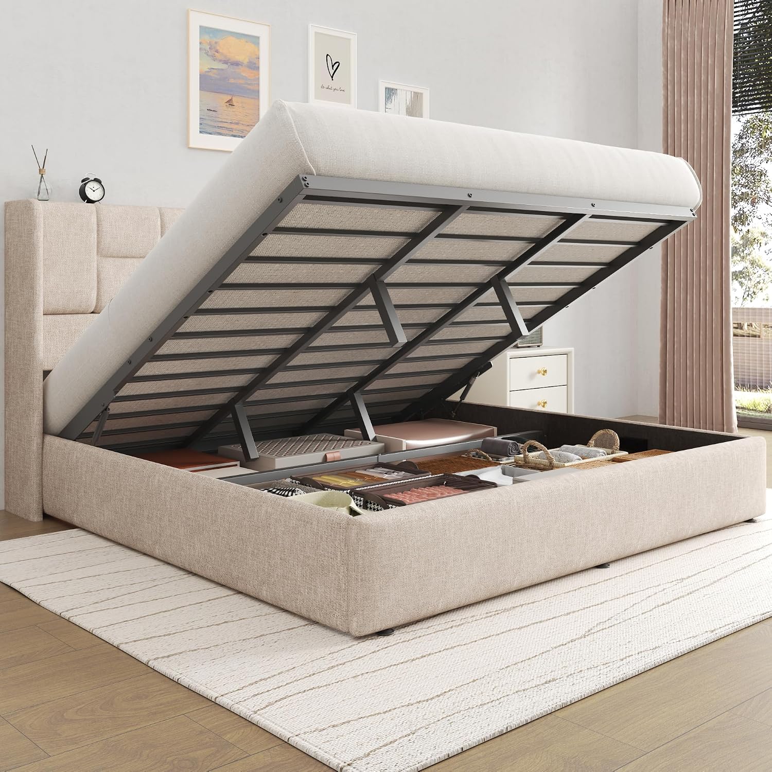 Linen Upholstered King Bed Fra - Gas Lift Storage Bed Hydraulic 评论和价格