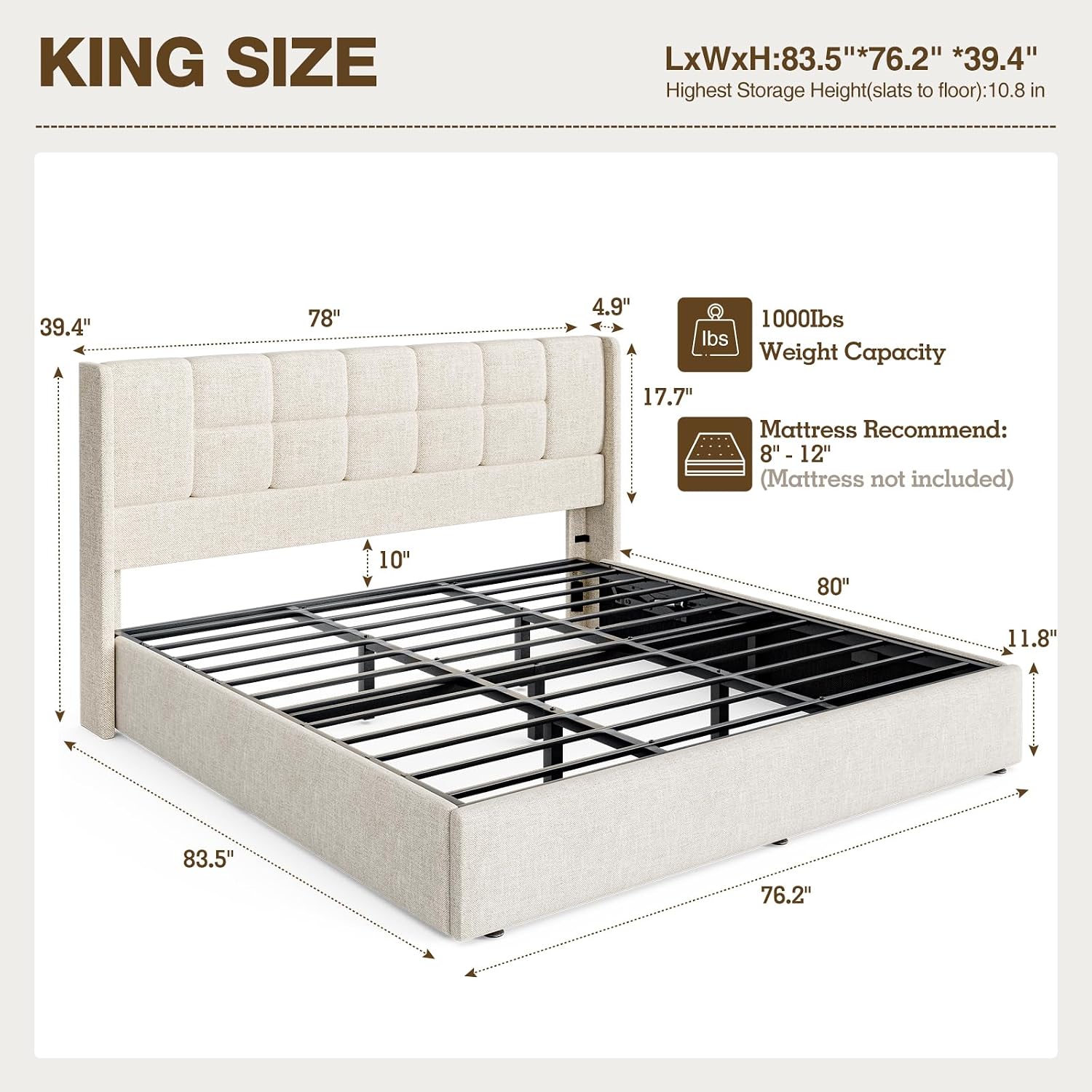 Linen Upholstered King Bed Fra - Gas Lift Storage Bed Hydraulic 评论和价格