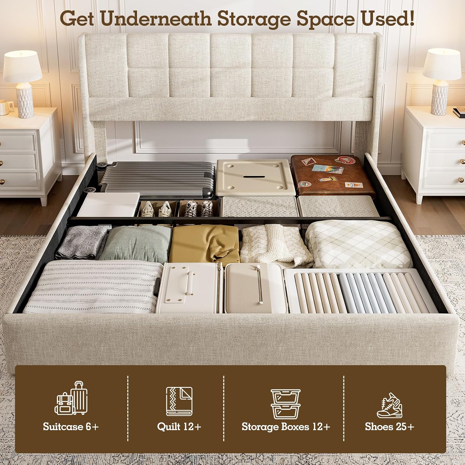 Linen Upholstered King Bed Fra - Gas Lift Storage Bed Hydraulic 评论和价格