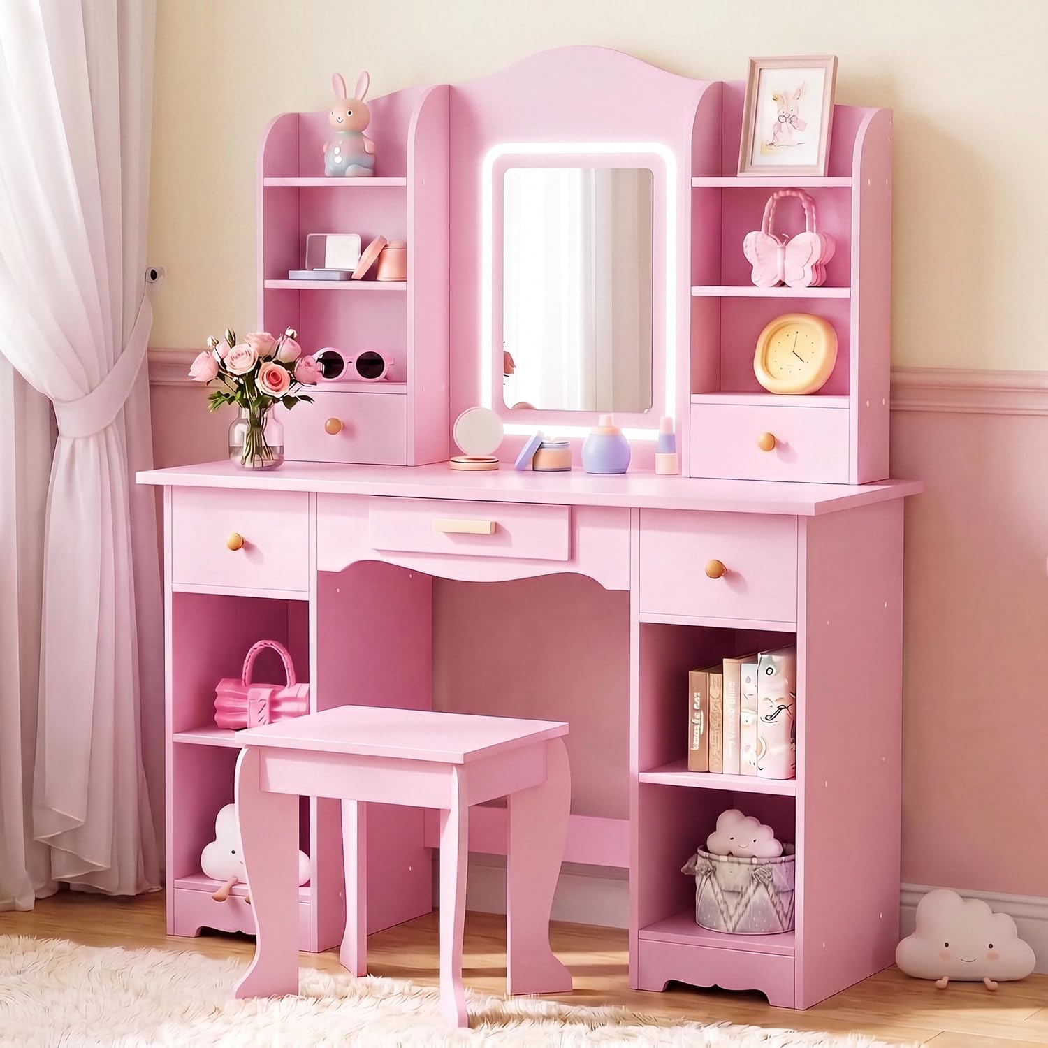 Kids Vanity with 3-Color Light - Dressing Table Vanity With Lighted Mirror 评论和价格