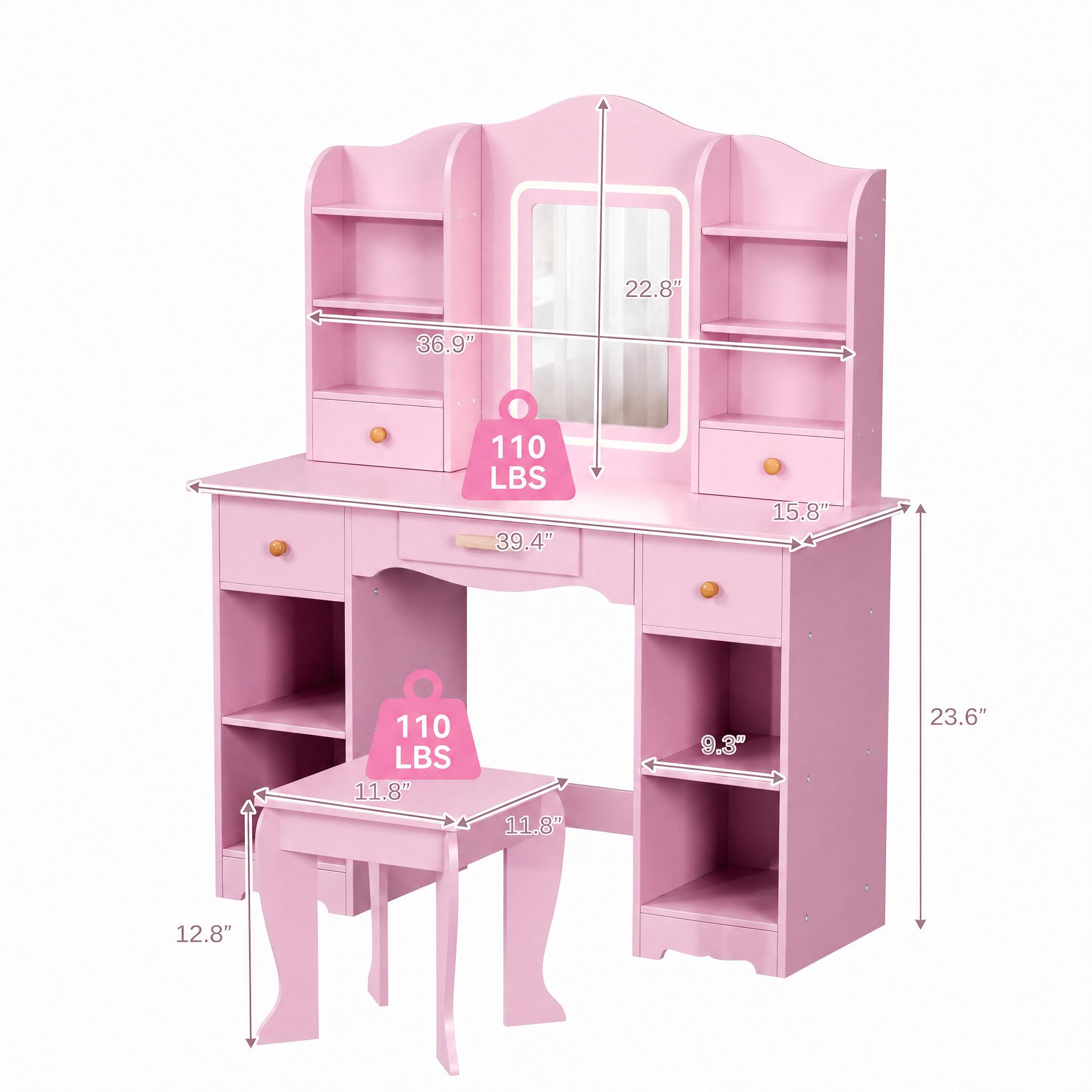 Kids Vanity with 3-Color Light - Dressing Table Vanity With Lighted Mirror 评论和价格