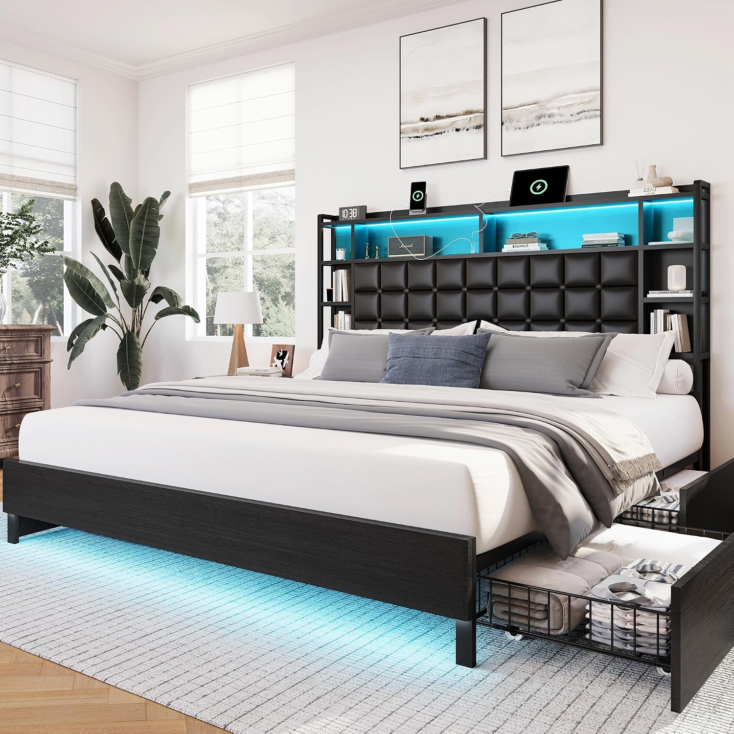 King Size Wooden Bed Frame wit - King Size Bed Frame With Storage Drawers 评论和价格