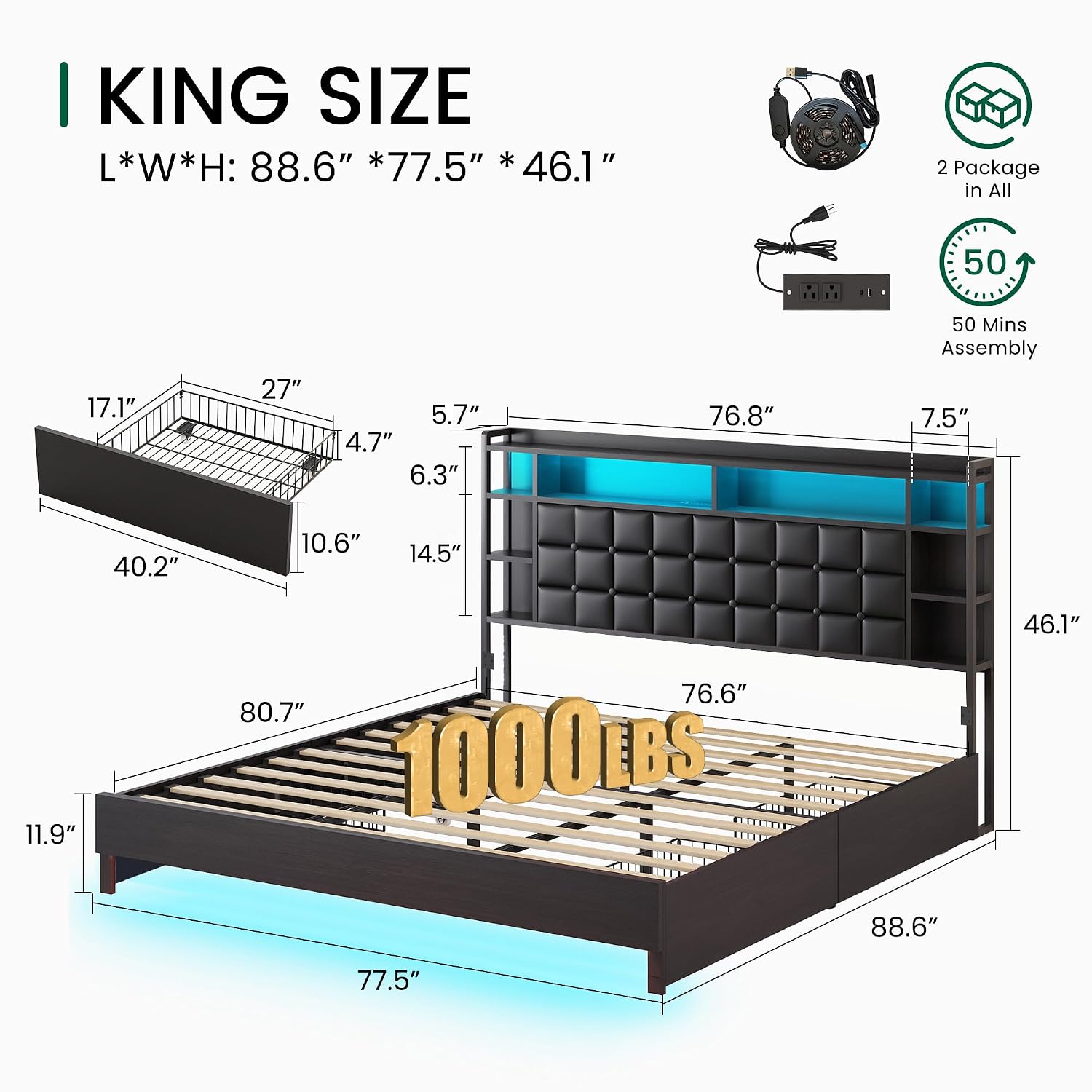King Size Wooden Bed Frame wit - King Size Bed Frame With Storage Drawers 评论和价格