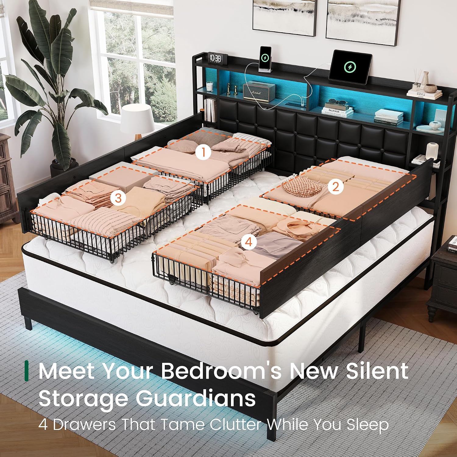 King Size Wooden Bed Frame wit - King Size Bed Frame With Storage Drawers 评论和价格