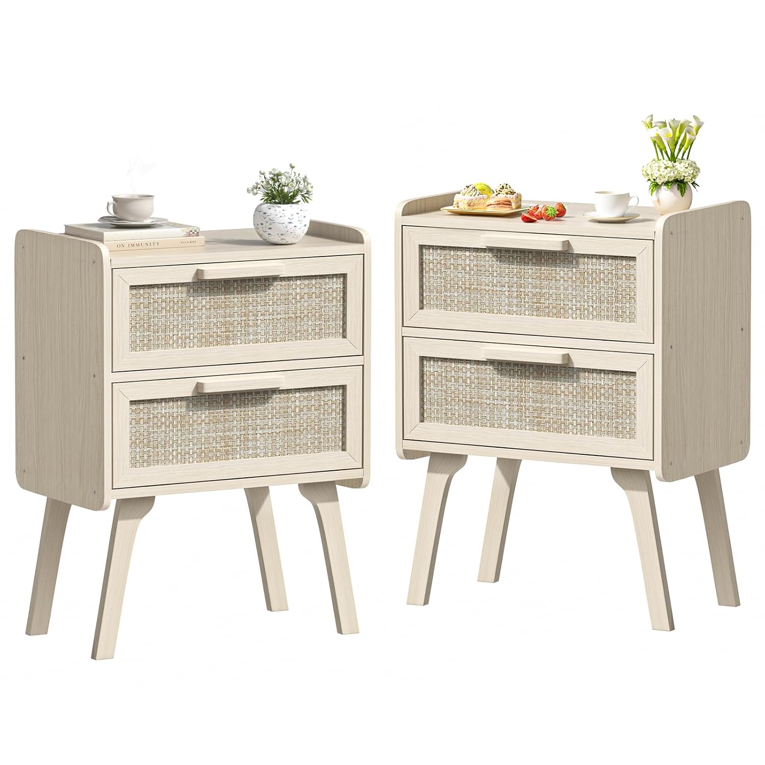 Rattan Nightstand Set of 2, 2  - Solid Wood Nightstand 2 Drawers 评论和价格