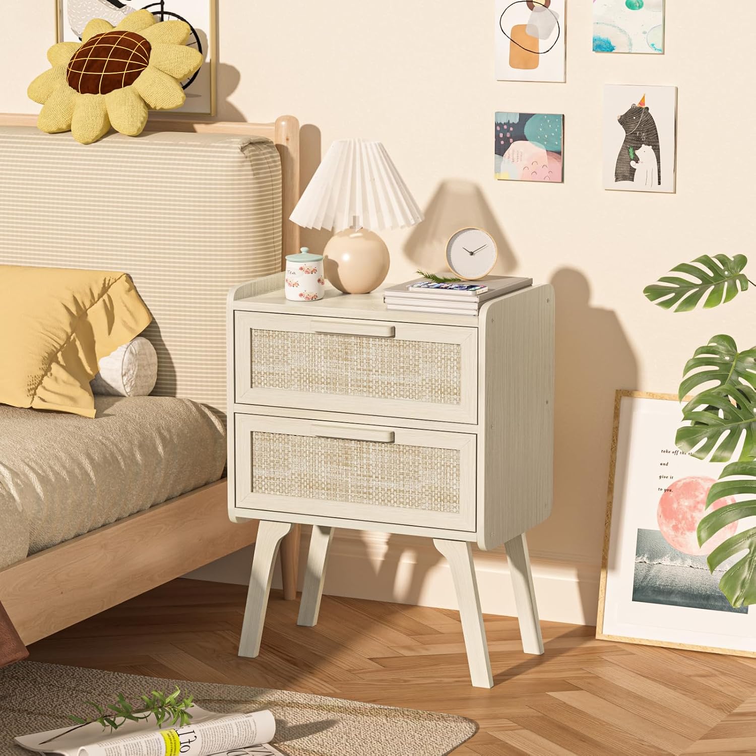 Rattan Nightstand Set of 2, 2  - Solid Wood Nightstand 2 Drawers 评论和价格