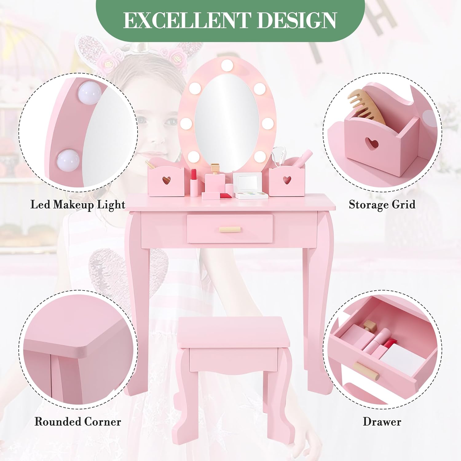 Kids Dressing Table and Stool  - Dressing Table Vanity With Lighted Mirror 评论和价格