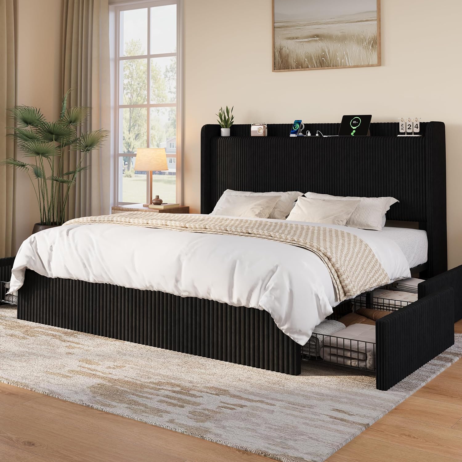 King Size Bed Frame with 4 Ove - King Size Bed Frame With Storage Drawers 评论和价格