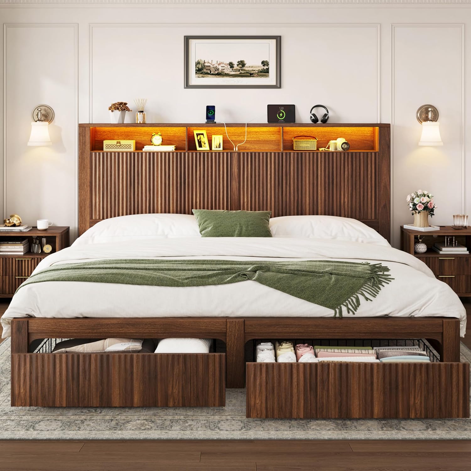 King Size Bed Frame and Headbo - King Size Bed Frame With Storage Drawers 评论和价格