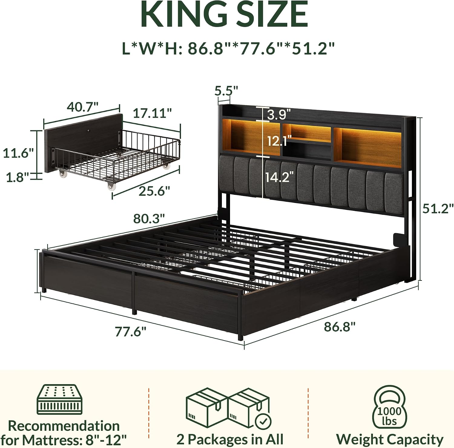 King Bed Frame with 6 Storage  - King Size Bed Frame With Storage Drawers 评论和价格