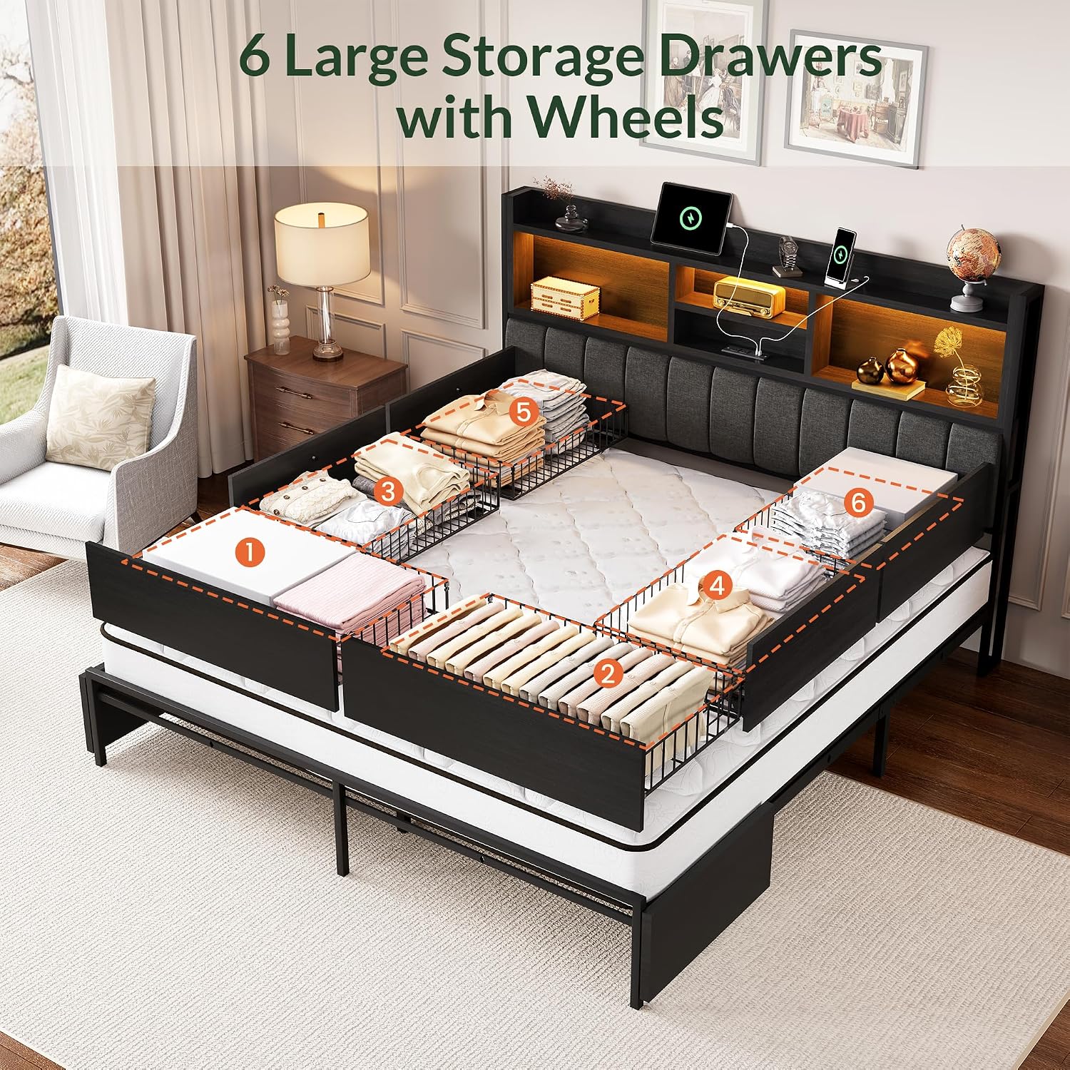 King Bed Frame with 6 Storage  - King Size Bed Frame With Storage Drawers 评论和价格