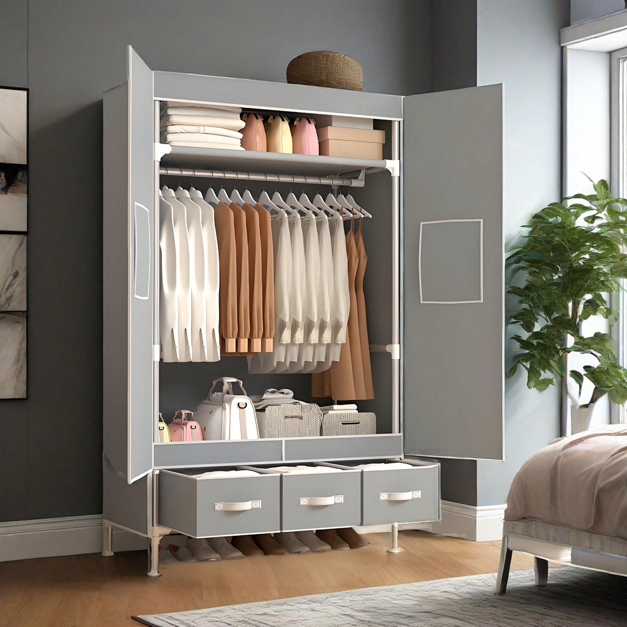 Portable Closet Wardrobe, 57.4 - Wardrobe Closet Portable Fabric Cover 评论和价格