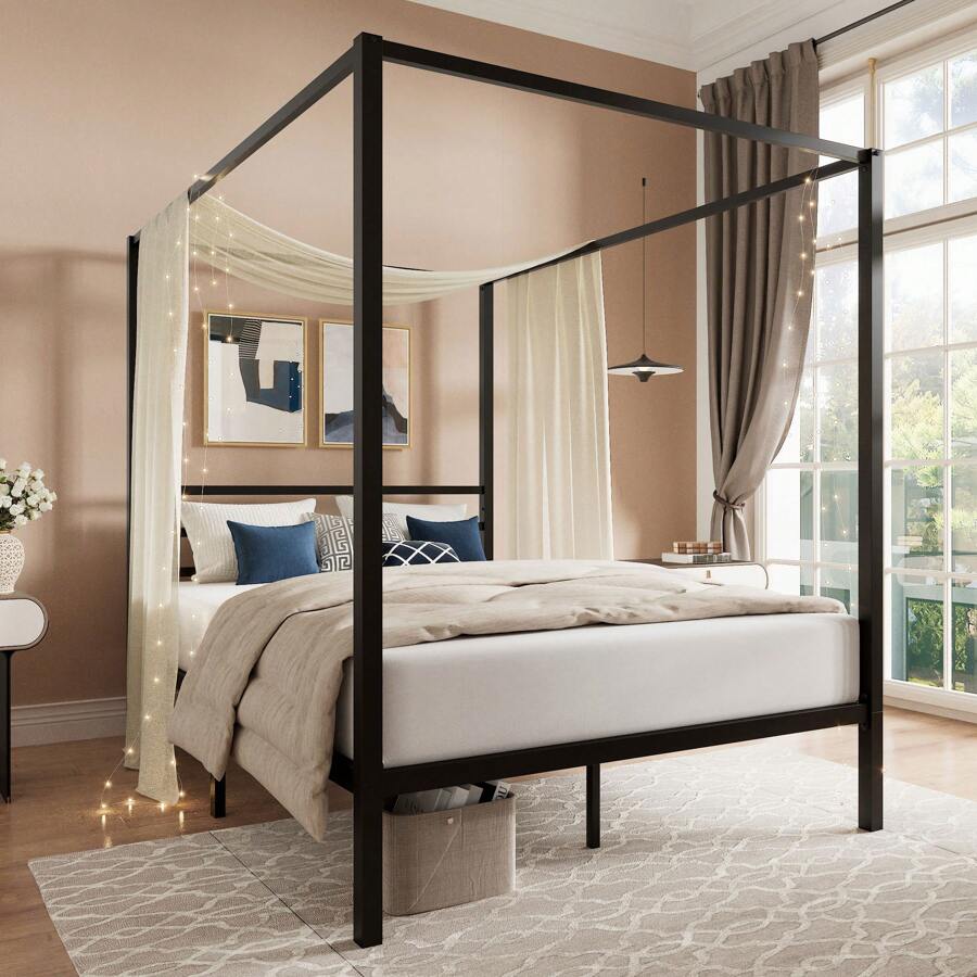 Black Canopy Bed Frame, Full/Q - Canopy Bed Frame Metal Queen 评论和价格