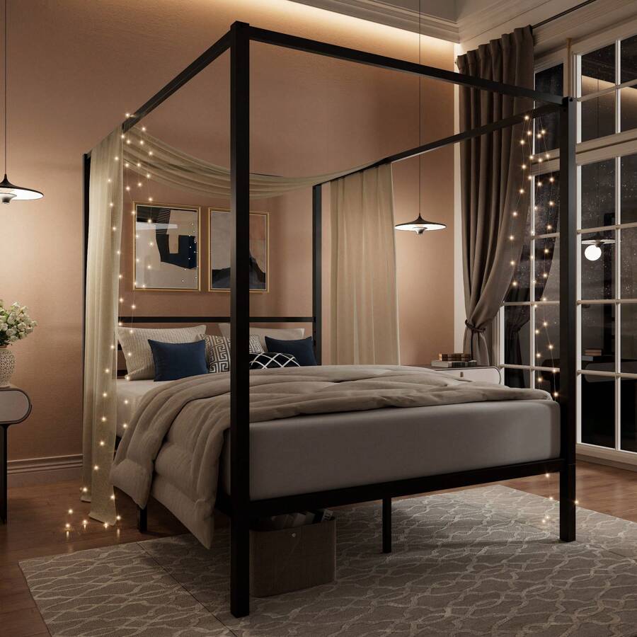 Black Canopy Bed Frame, Full/Q - Canopy Bed Frame Metal Queen 评论和价格