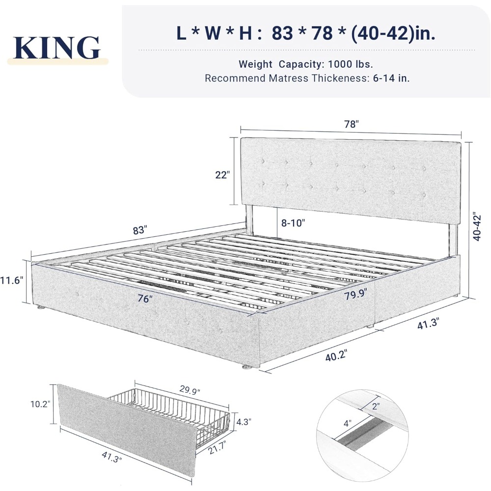 US Shipping King Size Platform - King Size Bed Frame With Storage Drawers 评论和价格
