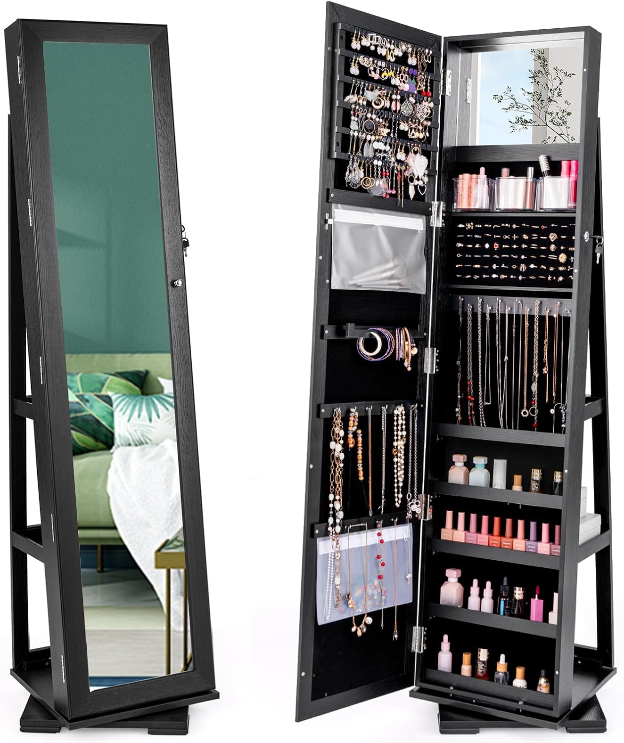 Black Standing Lockable 360 Sw - Full Length Mirror Jewelry Armoire 评论和价格