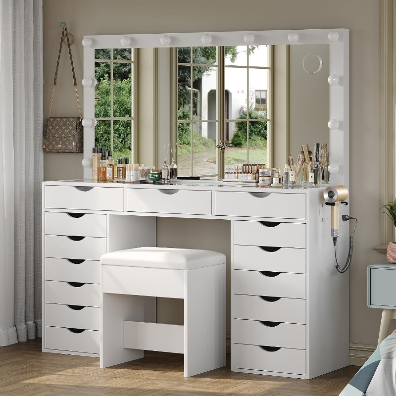 Yanosaku Vanity Desk with Mirr - Dressing Table Vanity With Lighted Mirror 评论和价格