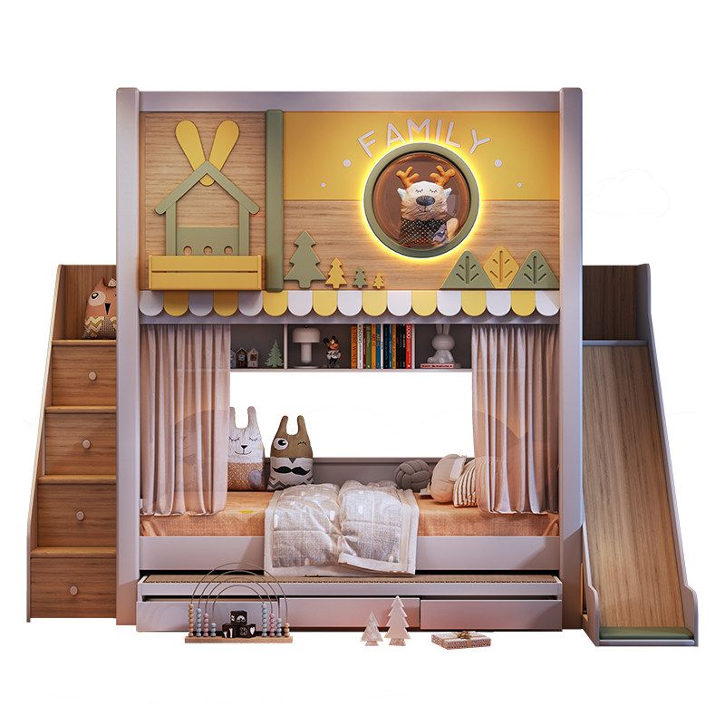 *Modern Forest Theme Kids Bunk - Bunk Bed With Stairs And Slide 评论和价格