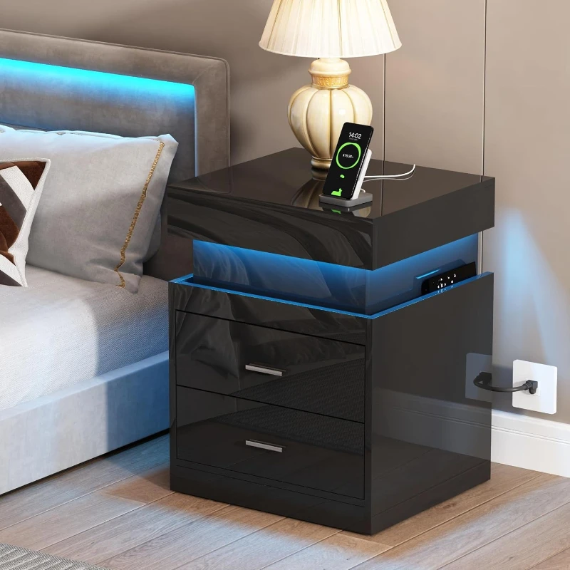 LED Nightstand With Charging S - Solid Wood Nightstand 2 Drawers 评论和价格