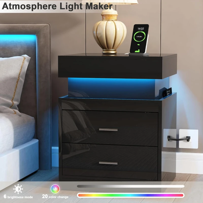 LED Nightstand With Charging S - Solid Wood Nightstand 2 Drawers 评论和价格