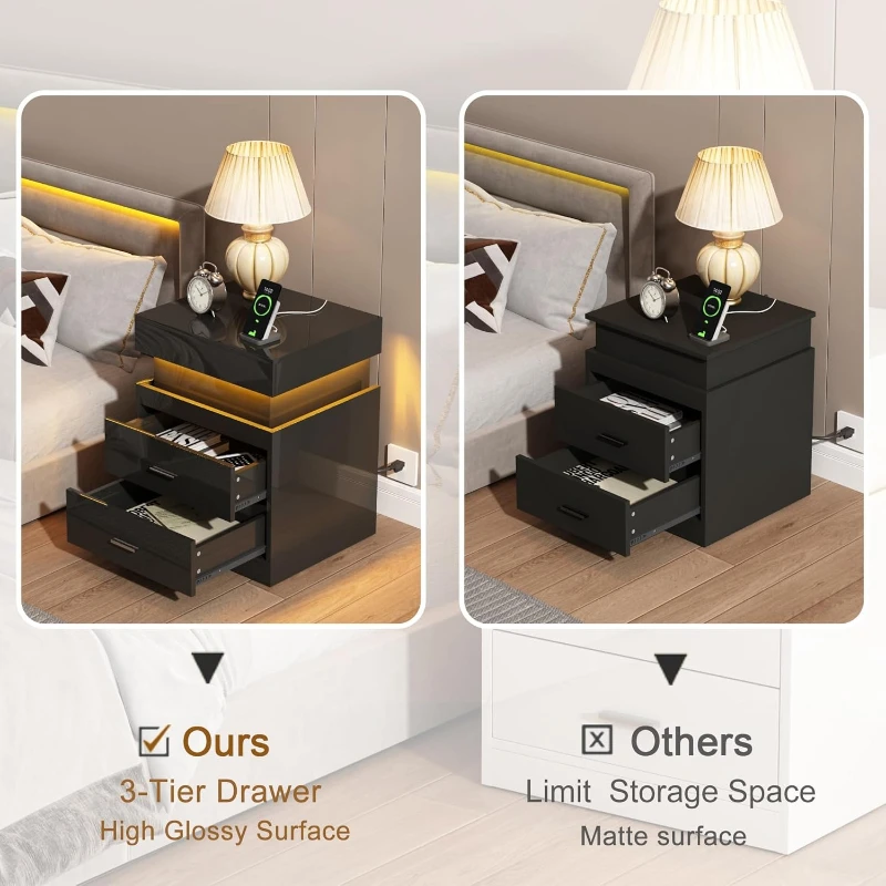 LED Nightstand With Charging S - Solid Wood Nightstand 2 Drawers 评论和价格